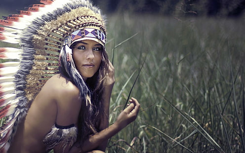si rambut cokelat, hiasan kepala, penduduk asli Amerika, Penutupan Strategis, wanita, Wallpaper HD HD wallpaper