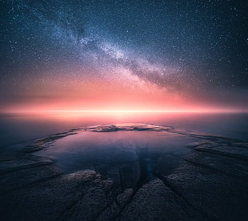 Horizon, Sunset, Starry sky, Collision, Atmosphere, Edge, Cold, Invisible, Seascape, Nokia 8 Sirocco, Nokia 1, Stock, HD, HD wallpaper HD wallpaper