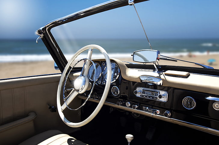 beige and black vehicle interior, beach, retro, the ocean, stay, panel, blur, devices, the wheel, relax, convertible, car, salon, bokeh, management, wallpaper., HD wallpaper