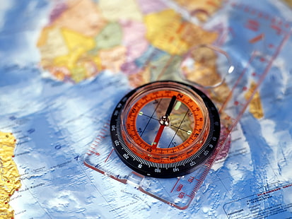 round black navigation compass, map, compass, blue, close-up, HD wallpaper HD wallpaper