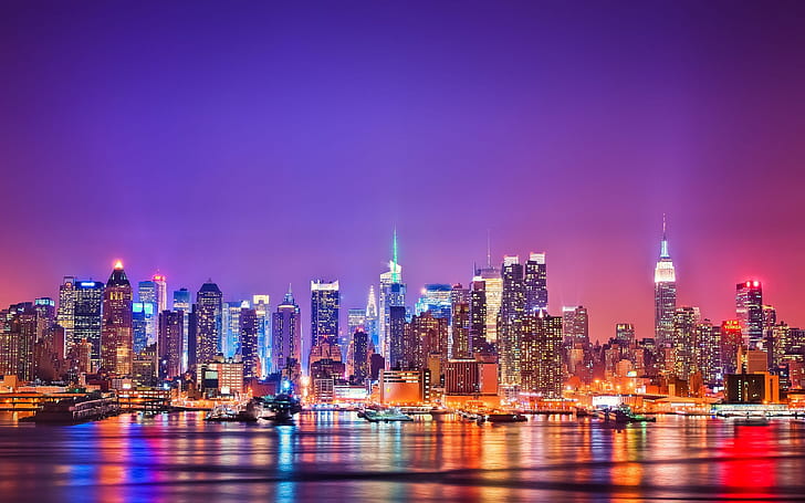 Град Ню Йорк през нощта, небостъргачи, сгради, вода, светлини, Град, Ню Йорк, Нощ, Небостъргачи, Сгради, Вода, Светлини, HD тапет