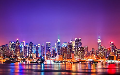 밤에 뉴욕시, 고층 빌딩, 건물, 물, 조명, 도시, 새로운 내용, 뉴욕, 밤, 고층 빌딩, 건물, 물, 조명, HD 배경 화면 HD wallpaper