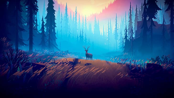 Ilustración, arte de videojuegos, ciervos, bosque, árboles, Fondo de pantalla HD