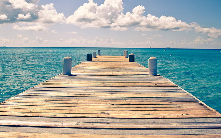 brown wooden boat dock, sea, pier, sky, clouds, HD wallpaper