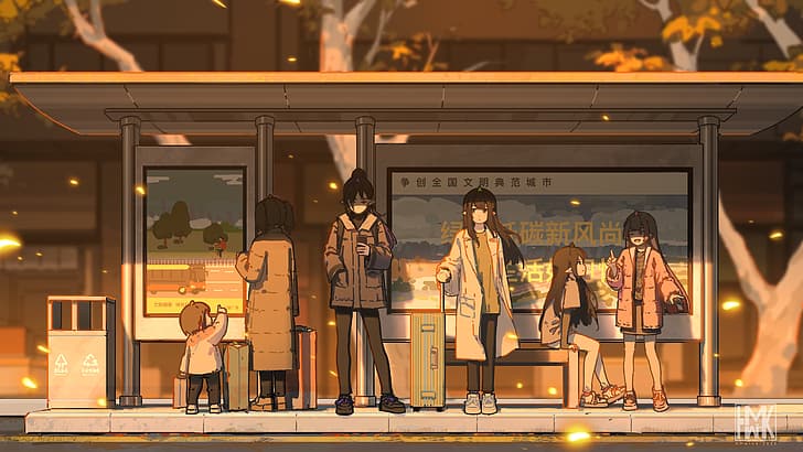 anime kızlar, resimler, orijinal karakterler, paltolar, otobüs durağı, güneş ışığı, yapraklar, HD masaüstü duvar kağıdı