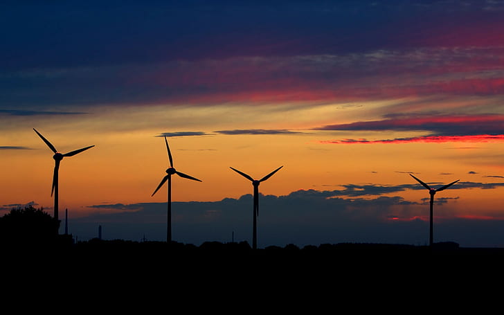 風景、日没、風力タービン、風力発電所、紫の空、 HDデスクトップの壁紙