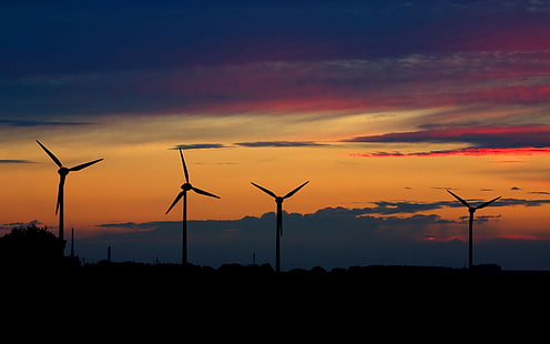 paisaje, puesta de sol, turbina eólica, parque eólico, cielo morado, Fondo de pantalla HD HD wallpaper