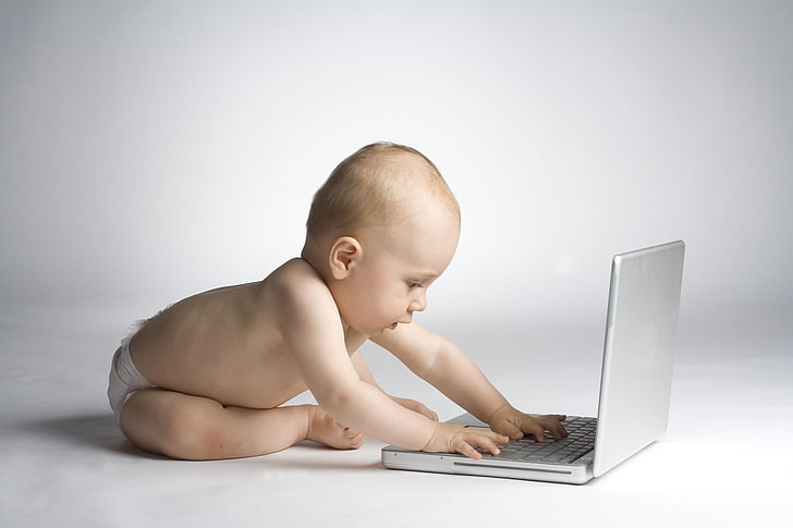 Baby Operating Laptop, gray laptop computer, Baby, , cute little baby girl, HD wallpaper