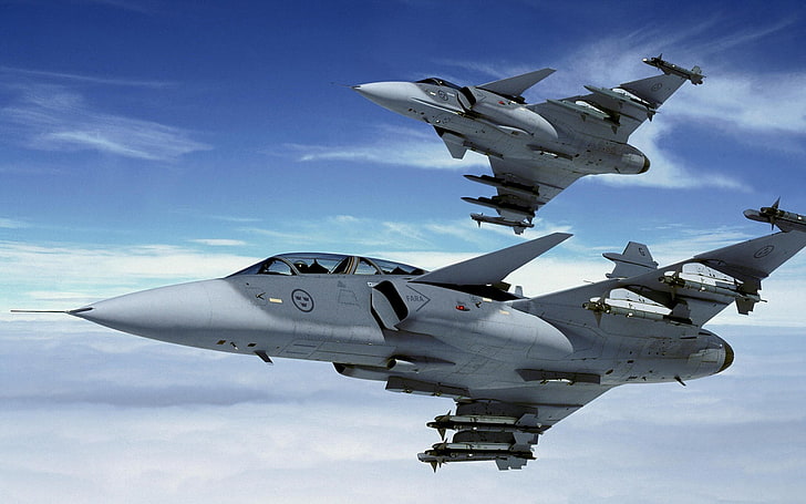 dua pesawat tempur abu-abu, jet, pesawat, JAS-39 Gripen, pesawat militer, militer, Wallpaper HD