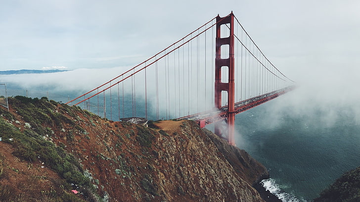 ponte di cemento marrone, Golden Gate Bridge, ponte, architettura, paesaggio, mare, strada, USA, Sfondo HD
