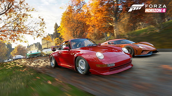 червена кола, видео игри, състезания, есен, Forza Horizon 4, Porsche, Forza Horizon, кола, HD тапет HD wallpaper