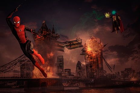 Spider-Man, Spider-Man: Far From Home, Mysterio (Marvel Comics), Tower Bridge, Fondo de pantalla HD HD wallpaper
