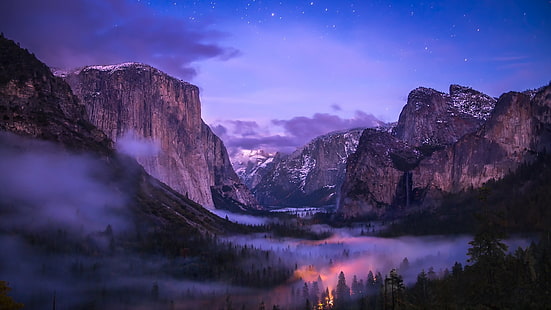 Yosemite National Park, fog, waterfalls, valley, night, Yosemite, National, Park, Fog, Waterfalls, Valley, Night, HD wallpaper HD wallpaper