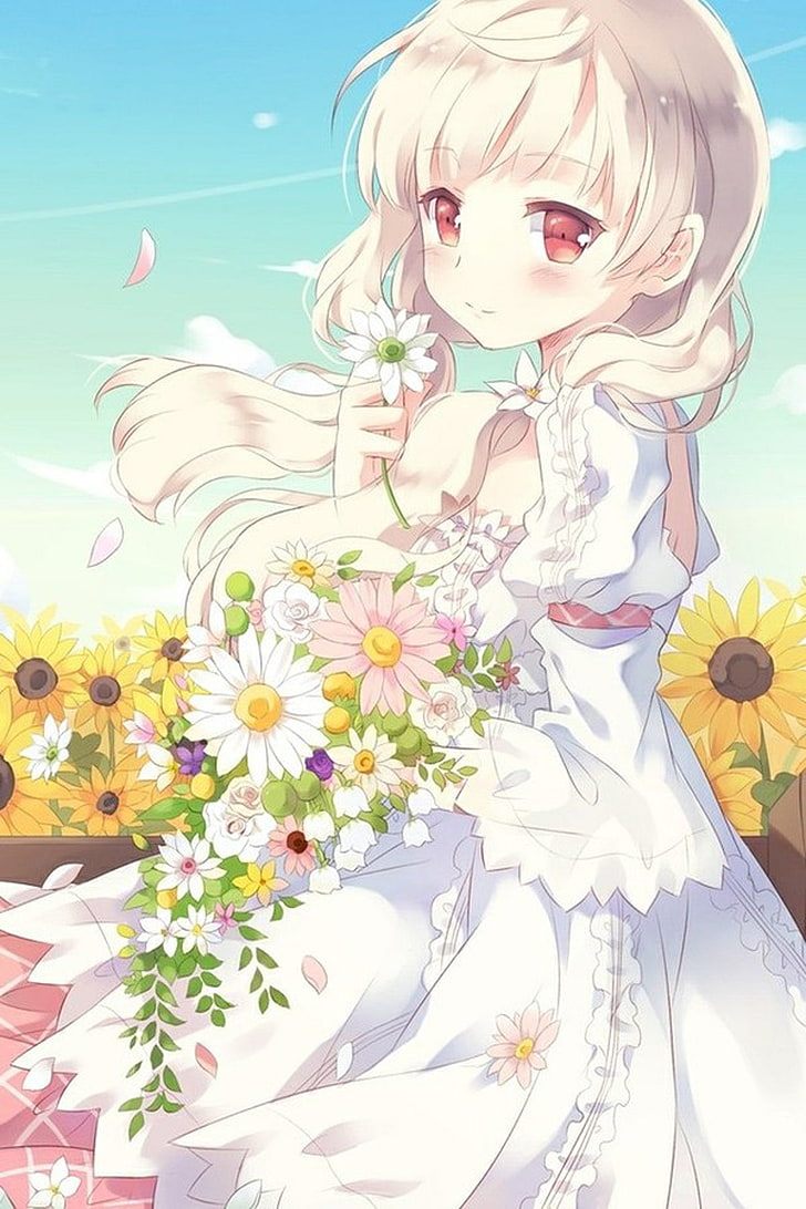 anime, beautiful, cute, flower, girl, hair, long, HD wallpaper