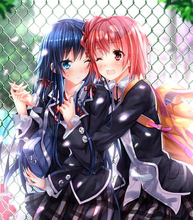 deux personnages féminins portant des uniformes noirs, uniforme scolaire, Swordsouls, Yahari Ore no Seishun Love Comedy wa Machigatteiru, Yuigahama Yui, Yukinoshita Yukino, Fond d'écran HD HD wallpaper