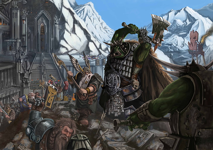 Orc and humans war wallpaper, weapons, mountain, stage, fortress, Fantasy, warhammer, warriors, statues, orcs, Battles, dwarves, axe, Thor, attack on karak azul, HD wallpaper