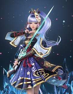 Jian Zhao、アートワーク、Genshin Impact、アニメの女の子、アニメ、アニメゲーム、ビデオゲーム、ビデオゲームの女の子、ファンタジーアート、ファンタジーの女の子、紫の髪、ドレス、青い目、剣、武器、剣を持つ女性、 HDデスクトップの壁紙 HD wallpaper