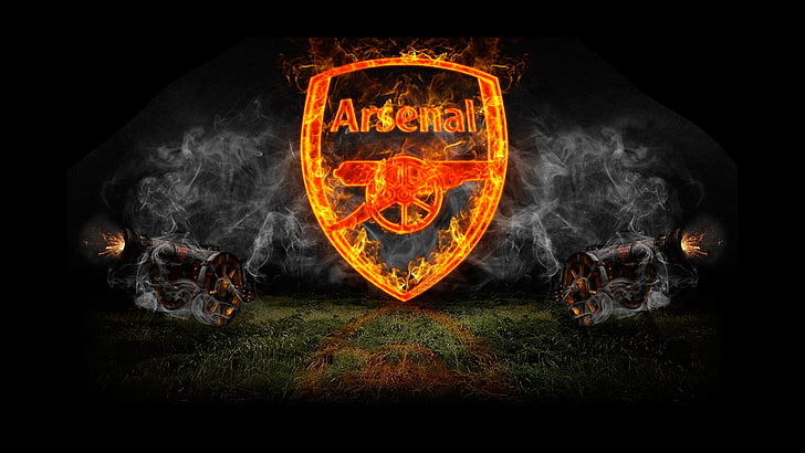 pomarańczowy znak Arsenalu, ogień, dym, logo, broń, sztuka, emblemat, Arsenał, klub piłkarski, The Gunners, Tapety HD