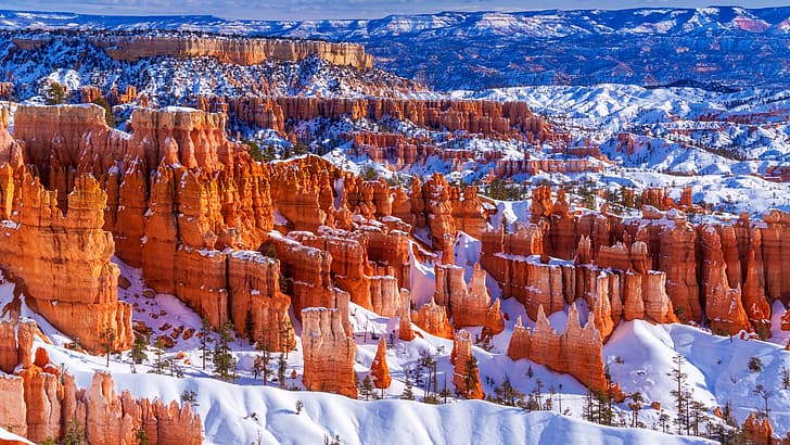 nature, landscape, trees, snow, rocks, far view, winter, Bryce Canyon National Park, Utah, USA, HD wallpaper