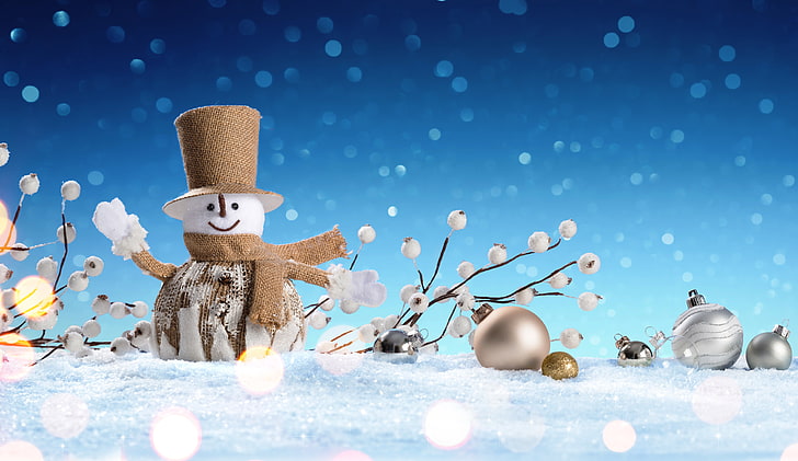 snowman digital wallpaper, winter, snow, snowflakes, New Year, Christmas, snowman, happy, Merry Christmas, Xmas, decoration, HD wallpaper