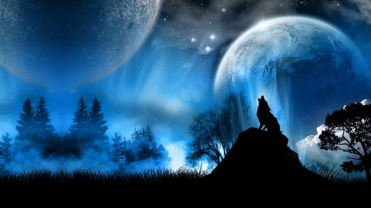 Schattenbildfoto des heulenden Wolfs, Tiere, Wolf, Schattenbild, Fantasiekunst, HD-Hintergrundbild