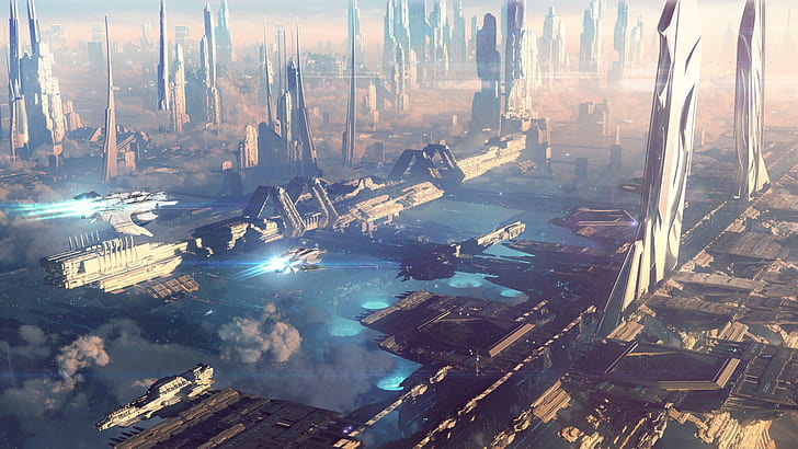 kota, kota futuristik, futuristik, fiksi ilmiah, pencakar langit, Wallpaper HD