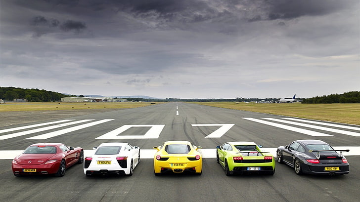 five red, white, yellow, green, and black stock cars, transport, car, HD wallpaper