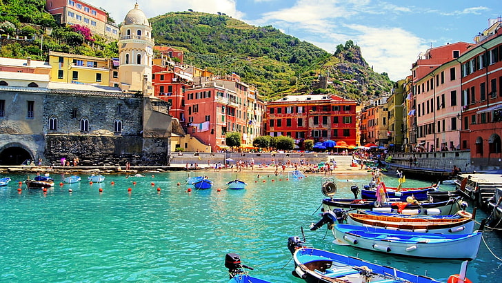 white boat lot, city, Italy, Vernazza, town, cityscape, boat, people, HD wallpaper
