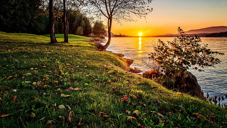 Burnaby Lake Regional Park, Colombie-Britannique, Canada, Burnaby Lake, coucher de soleil, au bord du lac, au bord du lac, dramatique, paysage, Fond d'écran HD