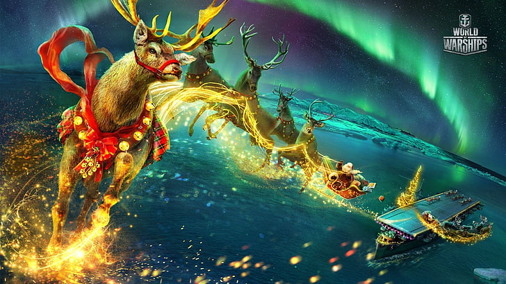 reindeer digital wallpaper, world of warship, reindeer, santa claus, HD wallpaper