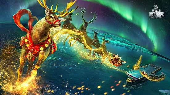 carta da parati digitale di renne, mondo di nave da guerra, renne, Babbo Natale, Sfondo HD HD wallpaper