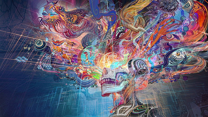 lukisan warna-warni, seni fantasi, berwarna-warni, naga cina, seni digital, abstrak, tengkorak, Wallpaper HD
