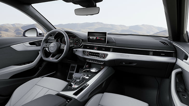 Intérieur de voiture Audi noir et gris avec chaîne stéréo 2 DIN, Audi S4 Avant (B9), Salon de Genève de 2016, intérieur, Fond d'écran HD