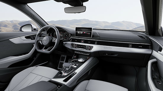 черно-серый салон автомобиля Audi с 2-DIN стереосистемой, Audi S4 Avant (B9), Женевский автосалон 2016, интерьер, HD обои HD wallpaper