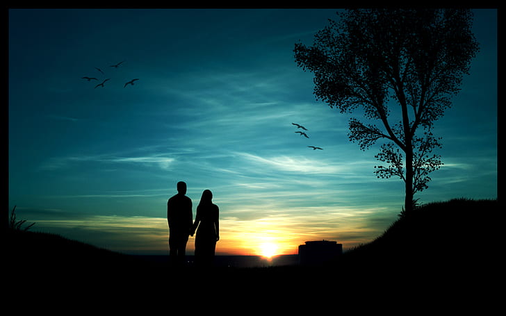 الحب معك ، صورة ظلية لرجل وامرأة يمسكان أيديهما أثناء غروب الشمس ، مع الحب، خلفية HD