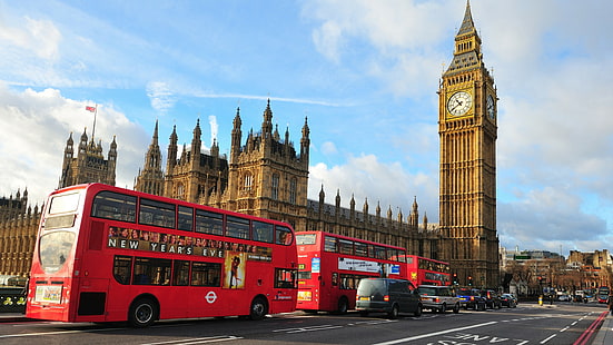 dwa czerwone autobusy w ciągu dnia, Londyn, Anglia, Big Ben, Opactwo Westminsterskie, miasto, autobus, podróże, turystyka, Tapety HD HD wallpaper