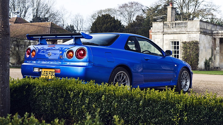blue Opel coupe, car, blue cars, Nissan GTR R34, HD wallpaper
