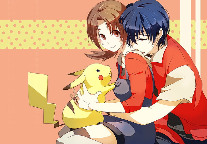 Pokemon Pikachu illustration, pocket monster, pokemon, boy, girl, hug, animal, HD wallpaper