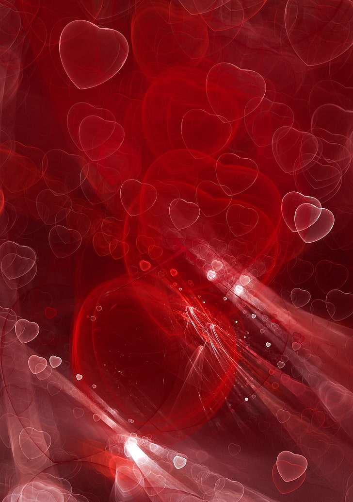 hearts, fractal, red, shine, HD wallpaper