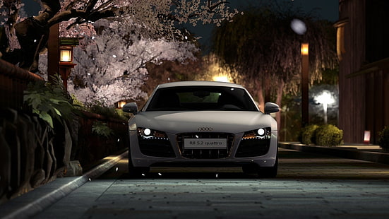 Audi R8 coupe blanco, carretera, coche, máquina, ciudad, luces, papel pintado, calle, blanco, Audi R8, sportcar, coches, quattro, noche, ciudad de noche, Fondo de pantalla HD HD wallpaper