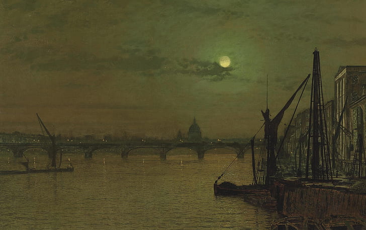 sungai, gambar, lanskap perkotaan, John Atkinson Grimshaw, Jembatan Waterloo.London.Pemandangan dari Timur, Wallpaper HD