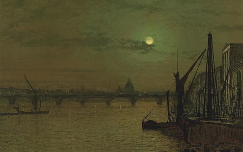 река, картина, городской пейзаж, Джон Аткинсон Гримшоу, мост Ватерлоо.Лондон.Вид с востока, HD обои HD wallpaper