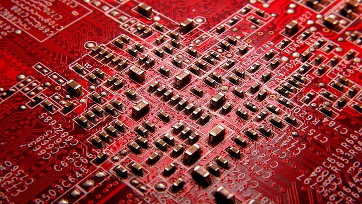 red and black motherboard, hardware, red, circuit boards, PCB, resistor, HD wallpaper