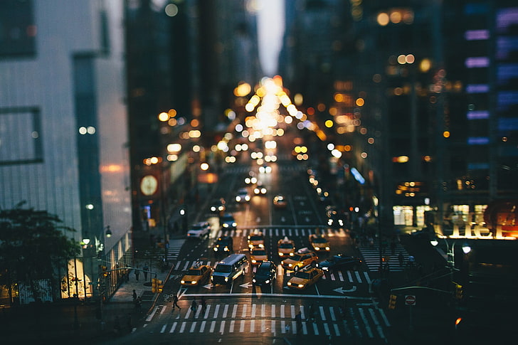 selective-focus photography of cars, city, tilt shift, traffic, street, car, taxi, New York City, HD wallpaper