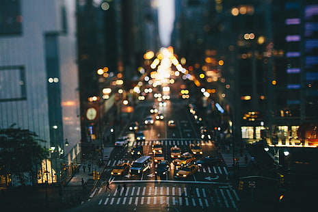 fotografi selektif-fokus mobil, kota, tilt shift, lalu lintas, jalan, mobil, taksi, New York City, Wallpaper HD HD wallpaper