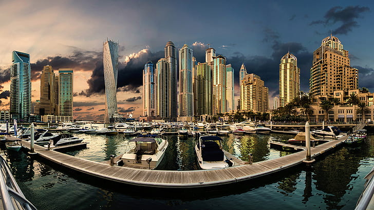 Emiratos Árabes Unidos Dubai Marina Puesta del sol Paisaje de la ciudad Área urbana Fondos de pantalla de escritorio HD para teléfonos móviles y computadoras 3840 × 2160, Fondo de pantalla HD