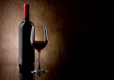 wine bottle and wine glass, glass, wine, red, bottle, HD wallpaper HD wallpaper