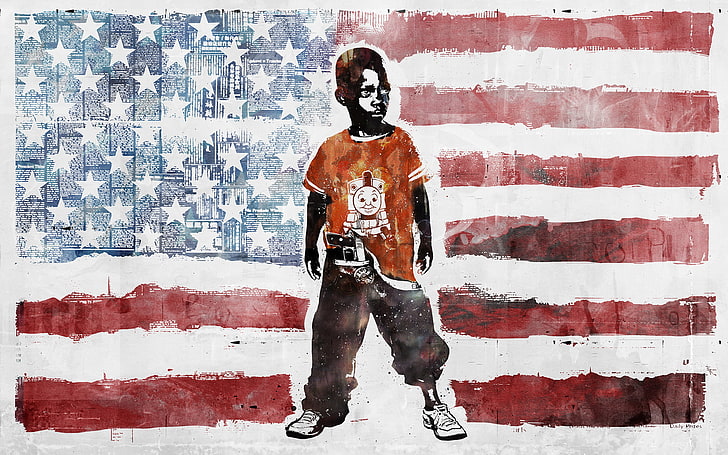standing boy and USA flag painting, gun, boy, flag, train, USA, different, Miscellaneous, Thomas, HD wallpaper