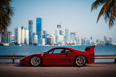 a cidade, manhã, Ferrari, F40, Flórida, Miami, HD papel de parede HD wallpaper