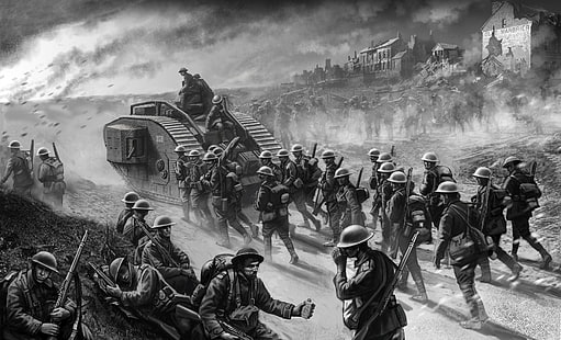 seni, cat air, tentara, pensil, lukisan, Inggris, guas, Perang Dunia I, kertas dinding, artis V. G., tank Mark IV, infanteri di garis depan, di garis depan, 1914-1918, Wallpaper HD HD wallpaper
